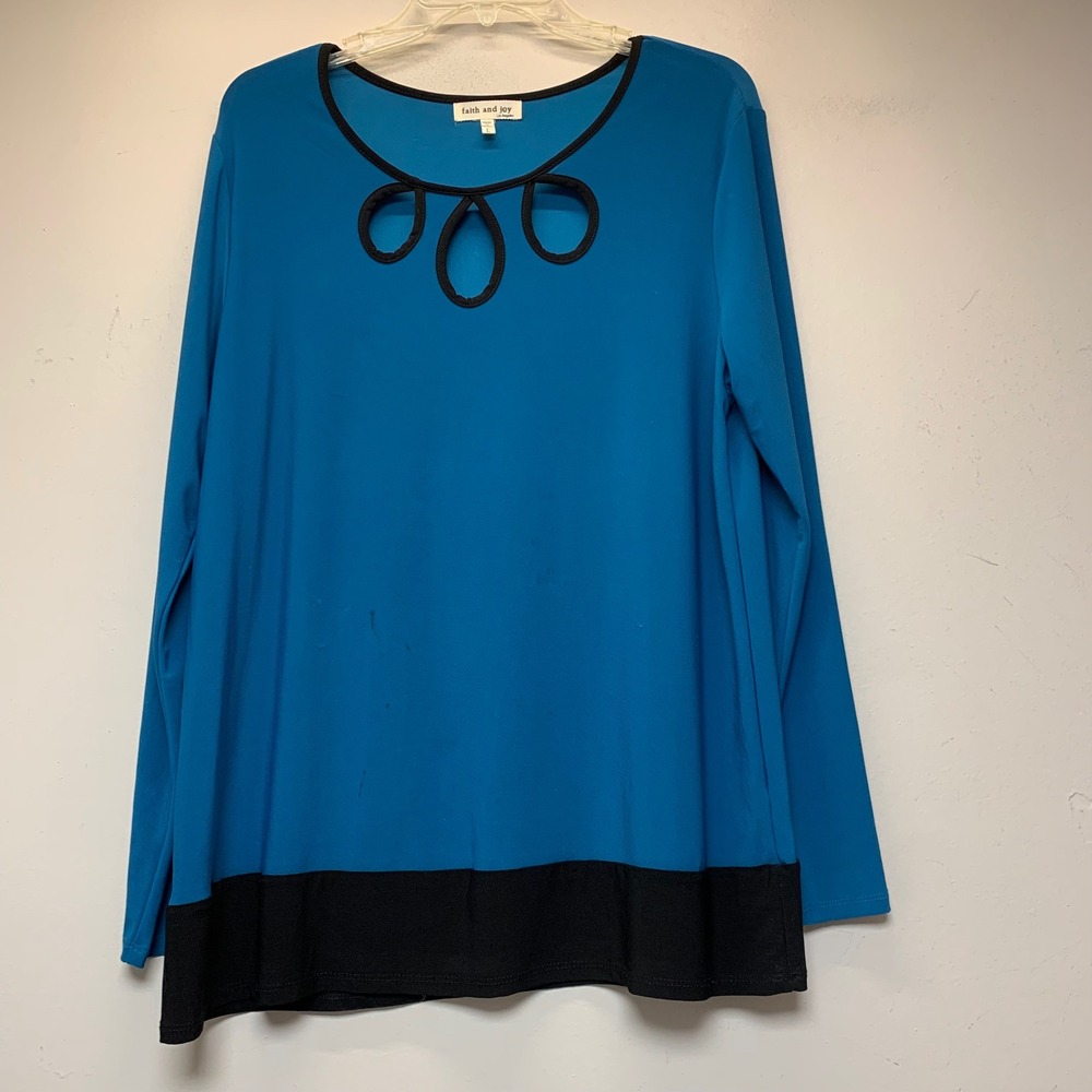 Faith and Joy Top Womens L Blue Black Colorblock Cutout Long Sleeve Excellent
